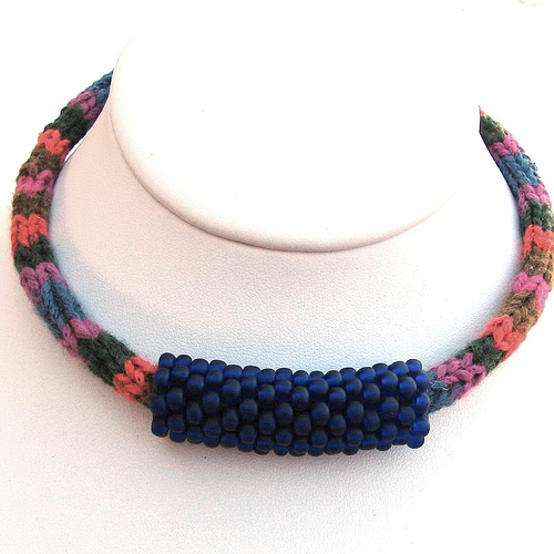 Knitted Silk and Cotton Choker with Beaded Bead