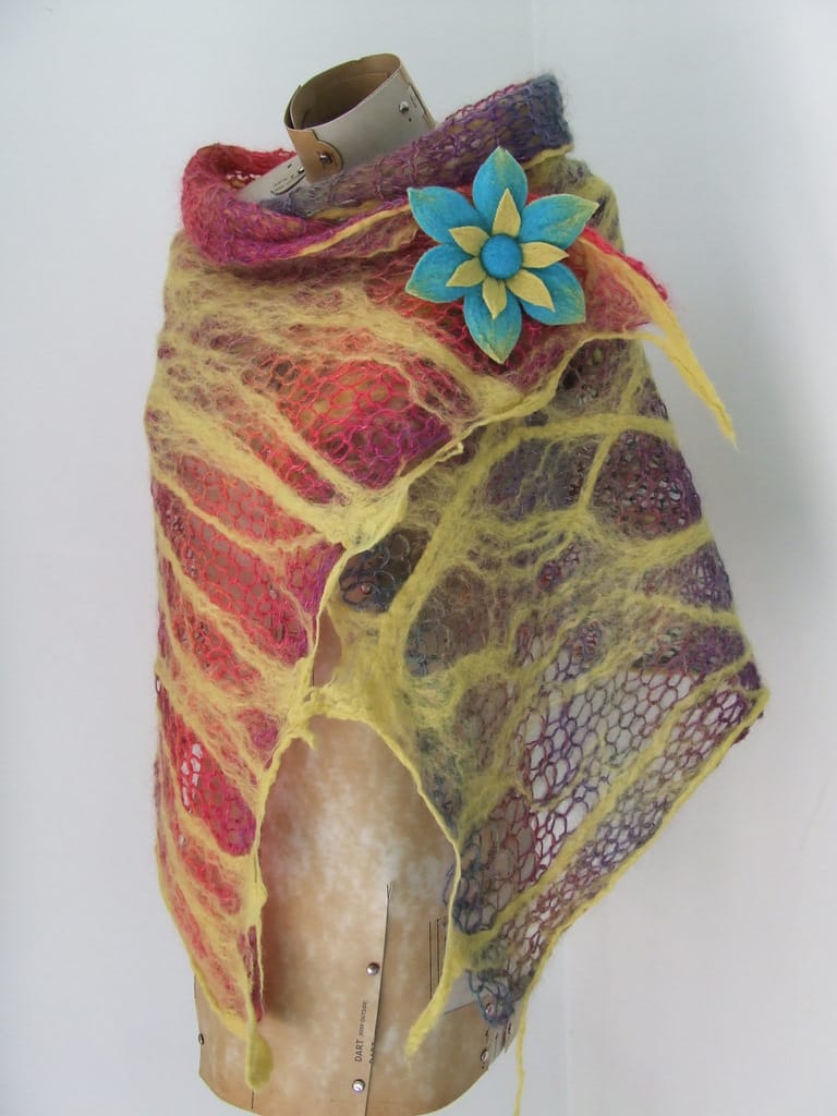 Felted Rainbow Summer Shawl and Flower Brooch