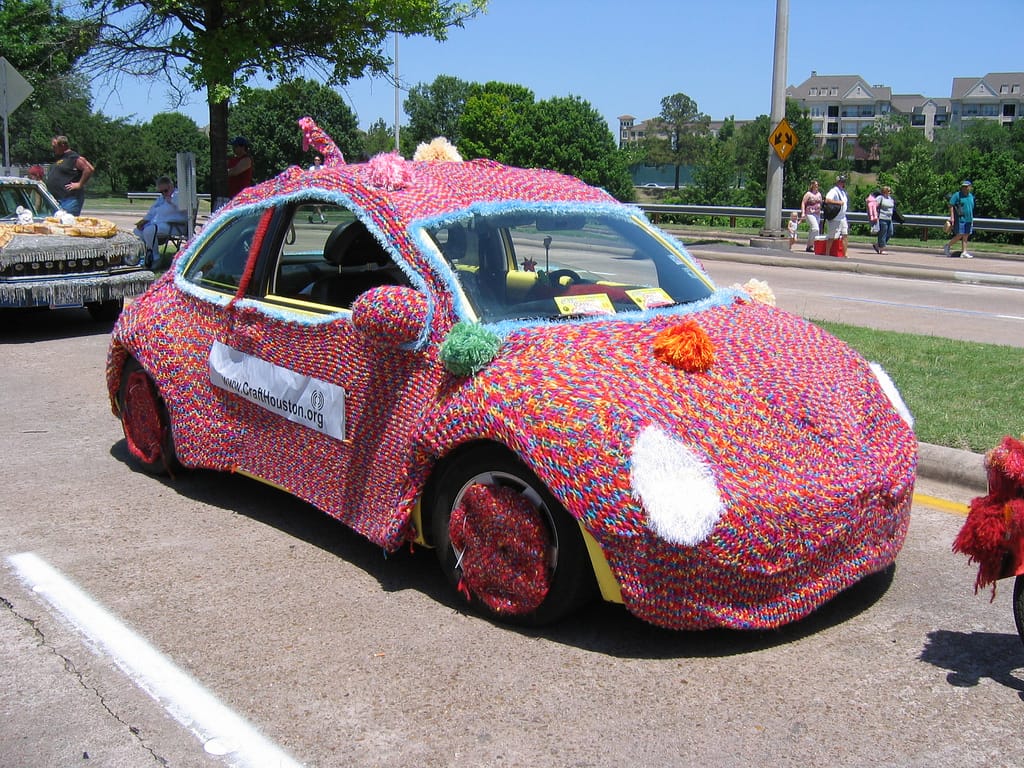 VW Bug Wrapped in a Cozy Spotted at the Art Car Parade, Houston Texas
