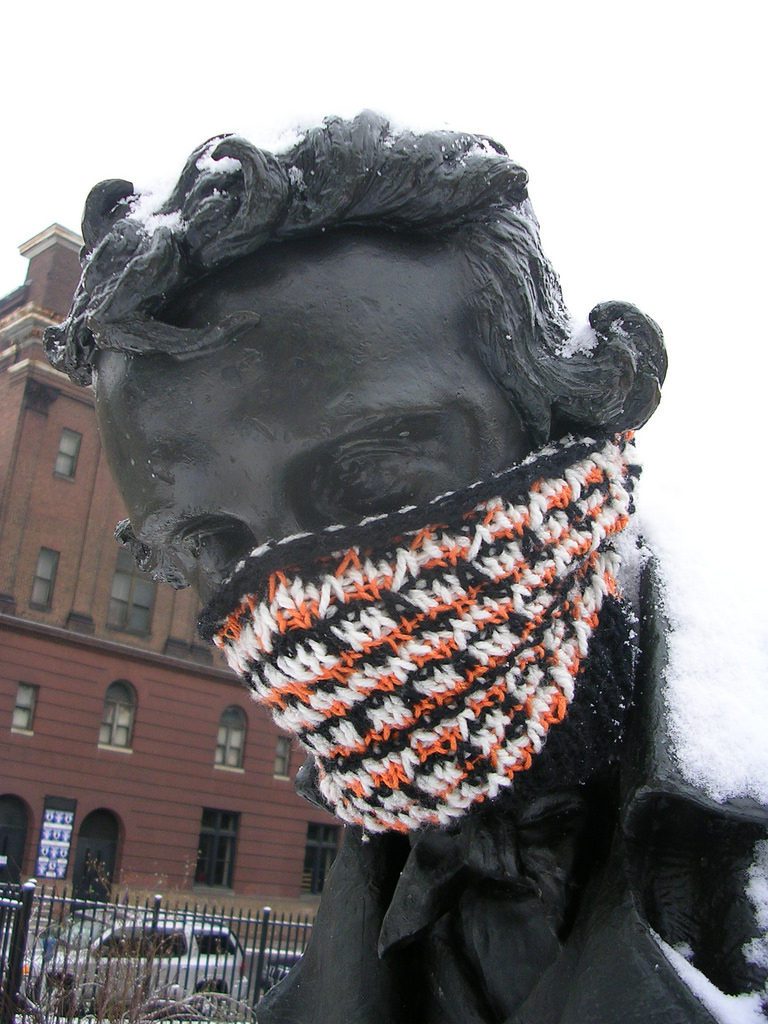 Edgar Allan Poe Looked Cold Yarn Bomb in Baltimore