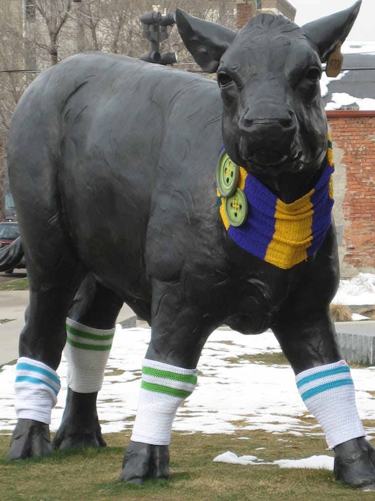Yarn Bombed Bovine Statue at the Denver Art Museum
