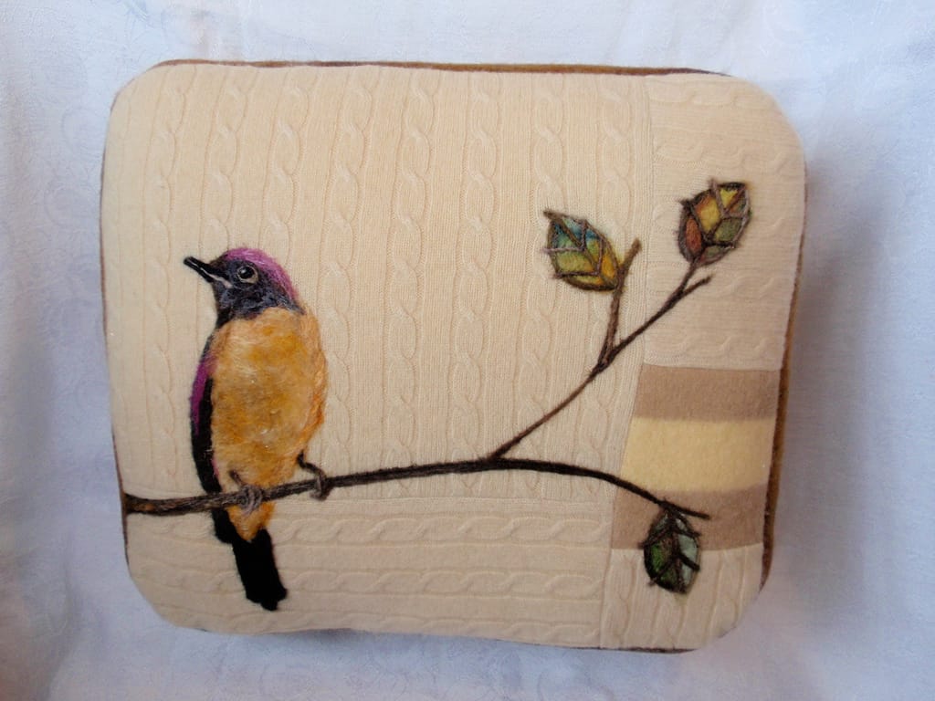 Stunning Yellow Bird Needle-Felted On Recycled Knit Pillow