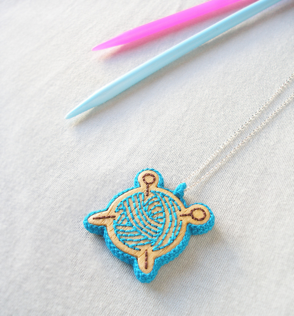 Wooden Hand Embroidered Turquoise Knitting Pendant
