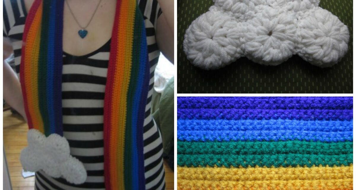 Crochet Rainbow Scarf Features Fluffy Clouds, Get The Free Pattern!