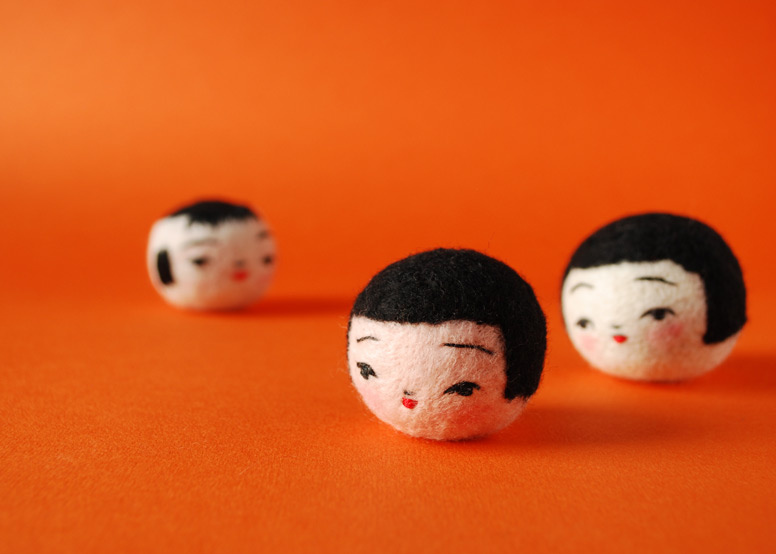 Three Kokeshi Heads Felted by Hiné Mizushima