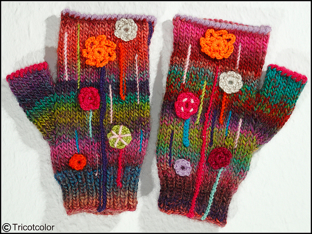 Yarnspiring Colorful Fingerless Mittens Knit By Hélène of Tricotcolor