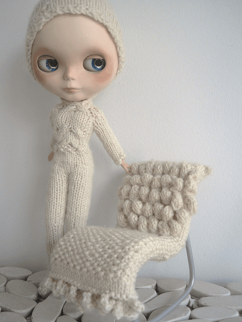 Tiny Knit Chair for a Beautiful Blythe Doll Decked Out In a Gorgeous Sweater Outfit!