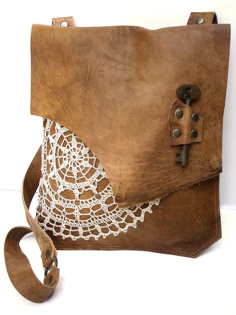 Beautiful Leather Messenger Bag Embellished With Vintage Crochet Doily ... By UrbanHeirlooms