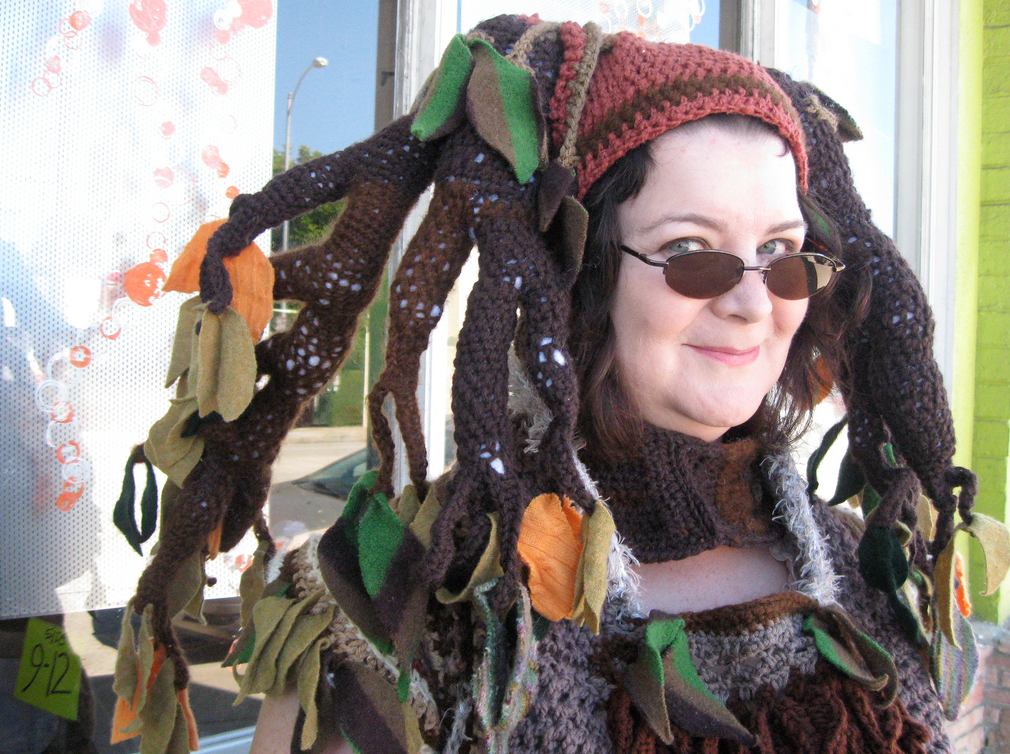 She Crocheted a Tree Costume With Felted Wool Leaves!