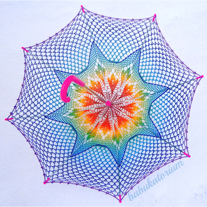 Amazing Umbrella By Babukatorium - Rainbow Ombre Leaves Doily Motif With Star Crochet Embroidery