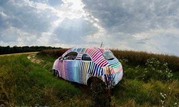 Sandrine Boutry’s #SecretStripyProject is … a Yarn Bombed Car, Inside and Out!