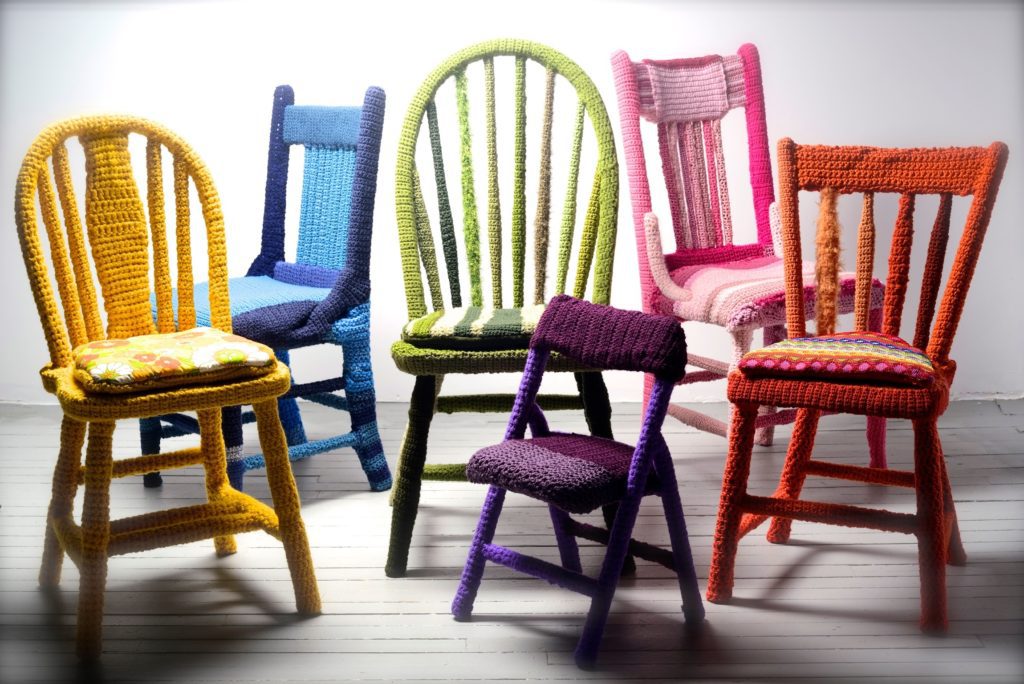 Yarn Bombed Chairs by Melissa Haims