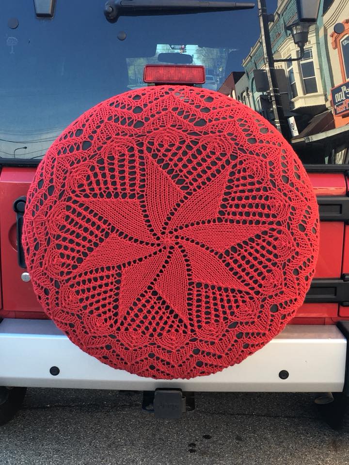 Gorgeous Knitted Tire Cozy Spotted By The Knitting Trucker Outside the Yarn Garden in Michigan