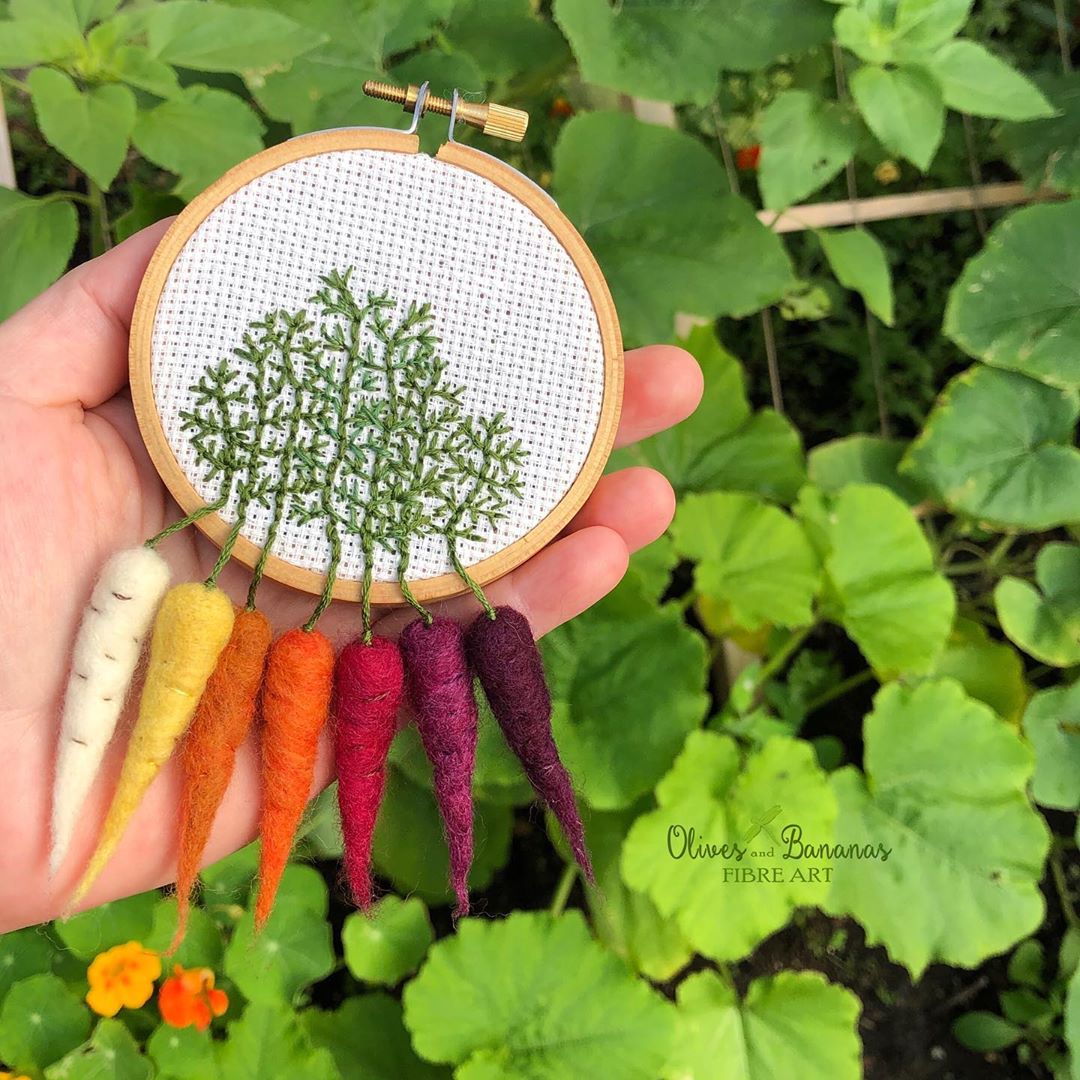 Clever, Clever Carrot Hoop Featuring Needle-Felted Veg & Embroidered Greens - Yum!