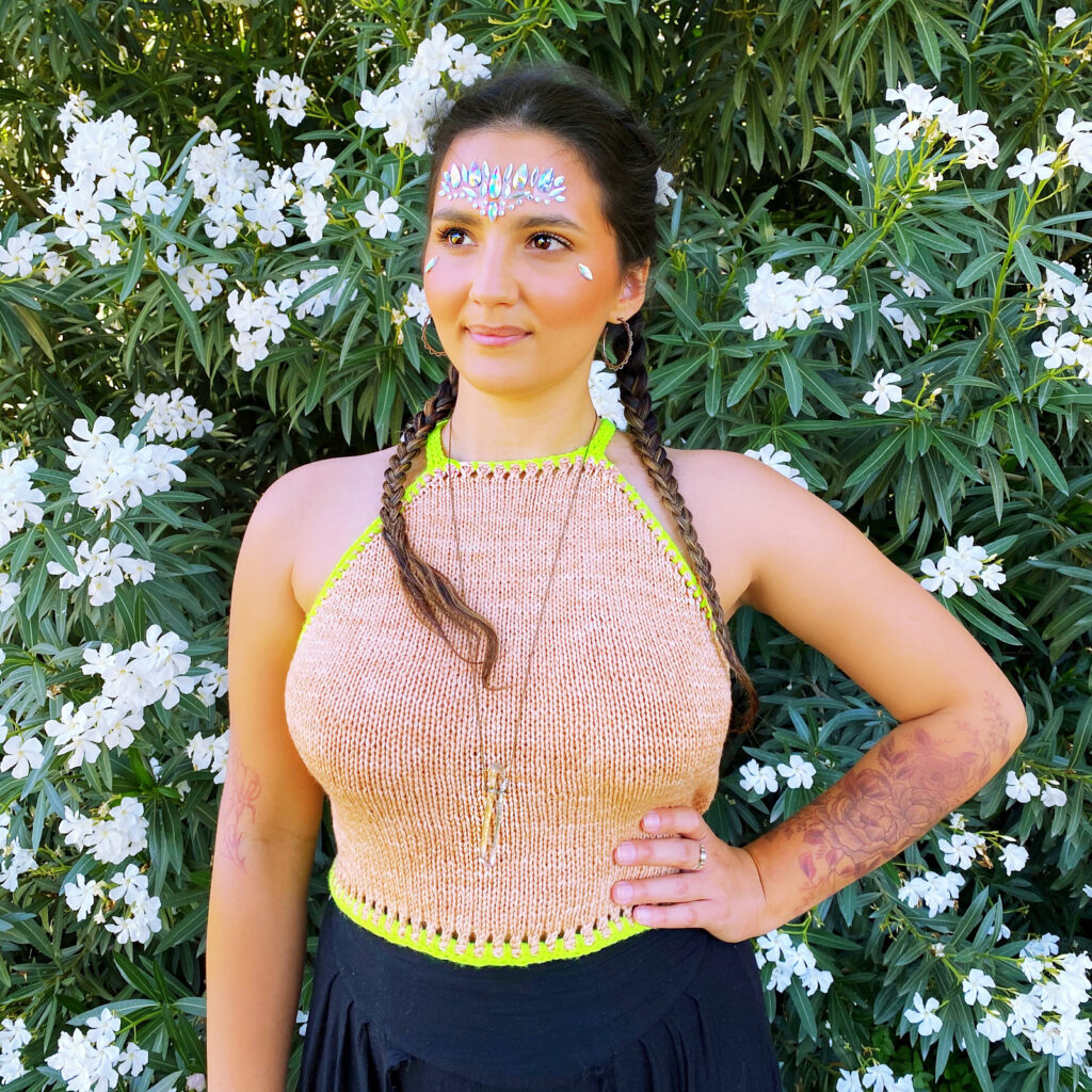 Knit a Fun and Colorful Gemini Moon Crop Halter Top Designed By Disco Stitch