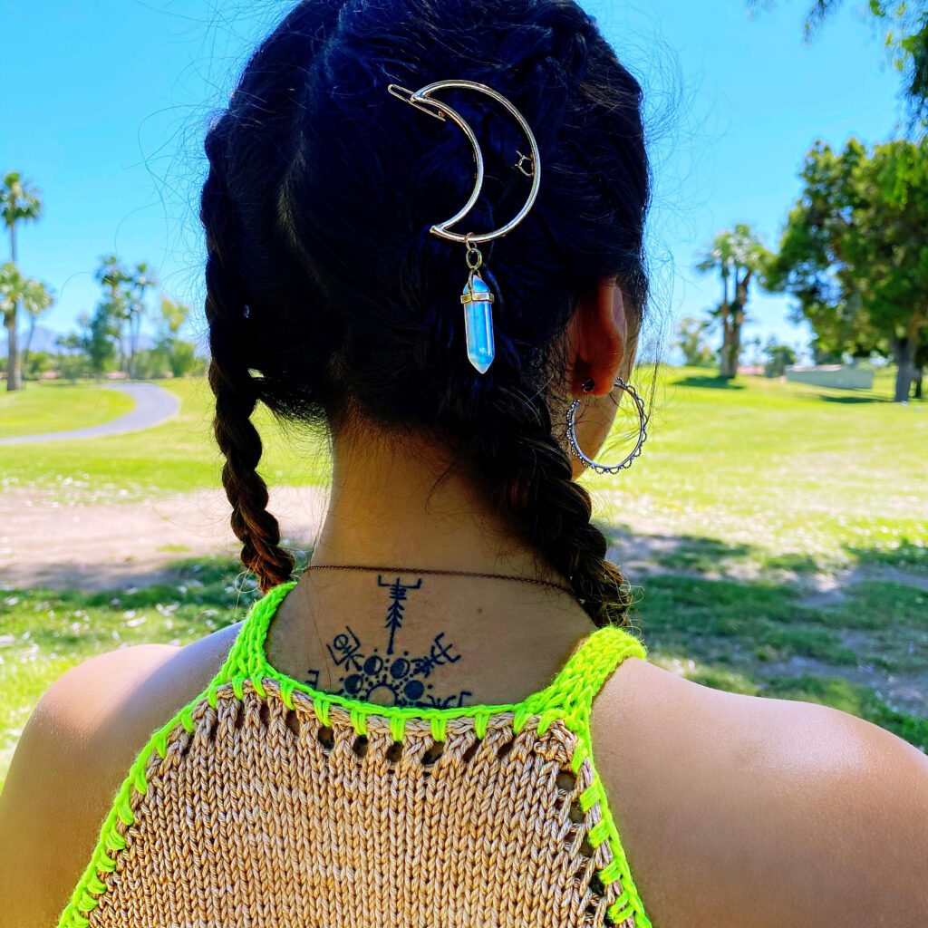 Knit a Fun and Colorful Gemini Moon Crop Halter Top Designed By Disco Stitch