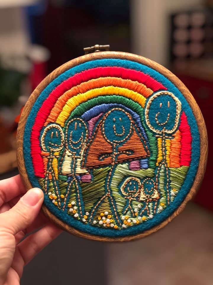 Kid's Stick Drawing Turned Into Embroidered Family Portrait