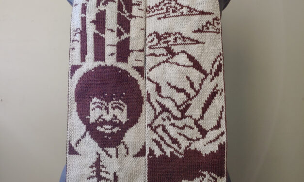 Knit A Happy Little Scarf Featuring Bob Ross, Double-Knit Design By Tess Campbell … Crochet Version Now Available!
