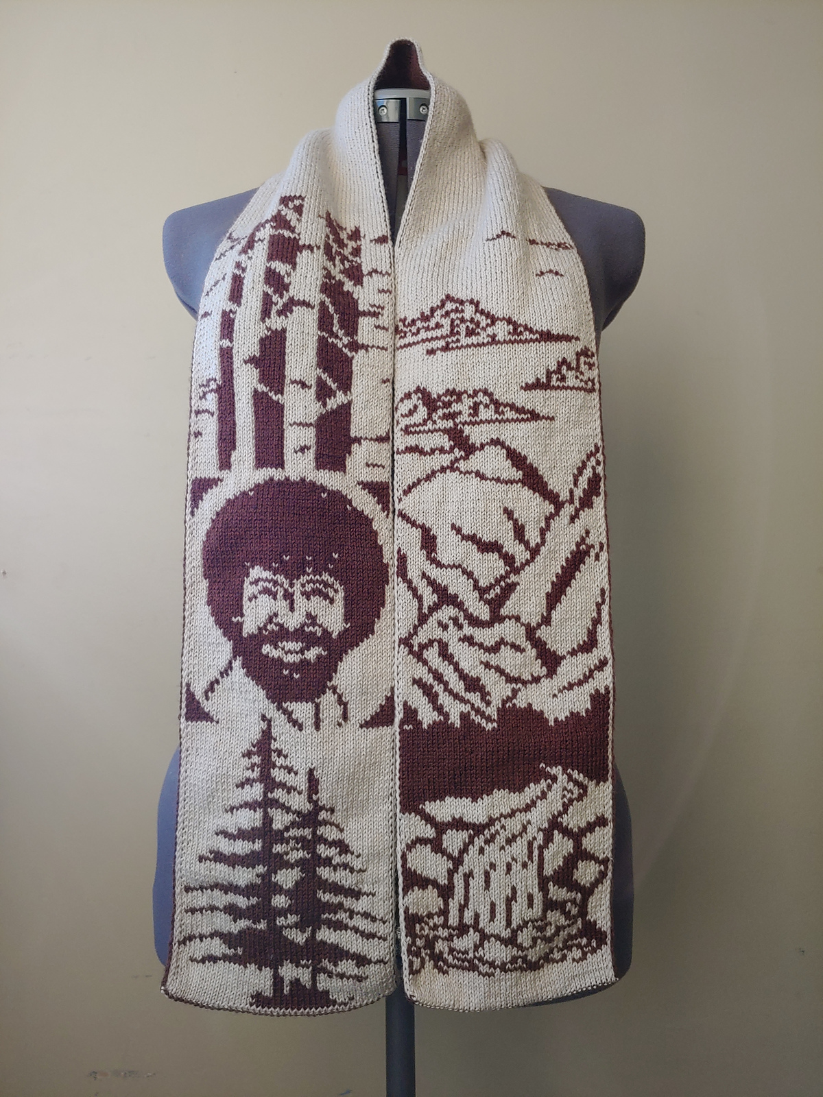 Knit A Happy Little Scarf Featuring Bob Ross, Double-Knit Design By Tess Campbell ... Crochet Version Now Available!