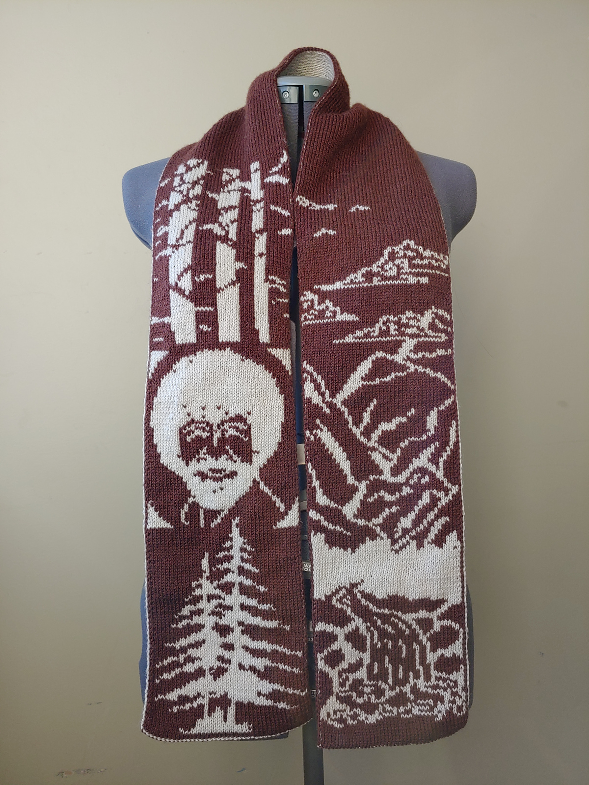 Knit A Happy Little Scarf Featuring Bob Ross, Double-Knit Design By Tess Campbell ... Crochet Version Now Available!