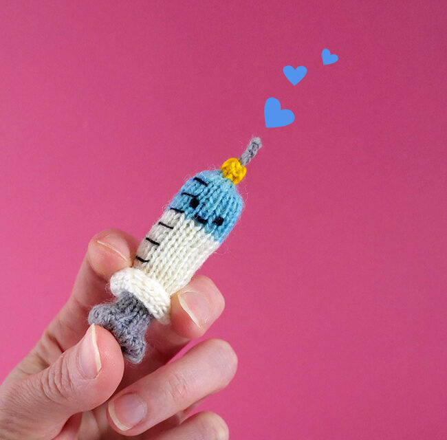 Knit a ‘Jabby the Friendly Syringe’ With a FREE Pattern From Anna Hrachovec of Mochimochi Land