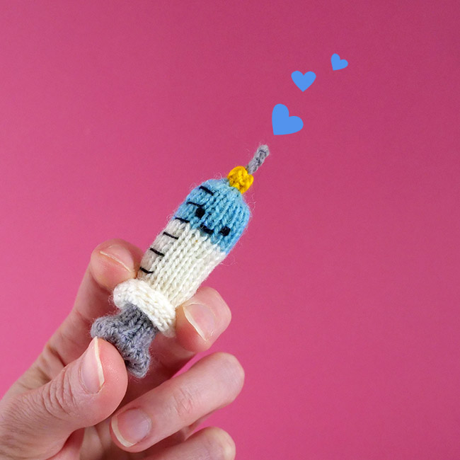 Knit a 'Jabby the Friendly Syringe' With a FREE Pattern From Anna Hrachovec of Mochimochi Land