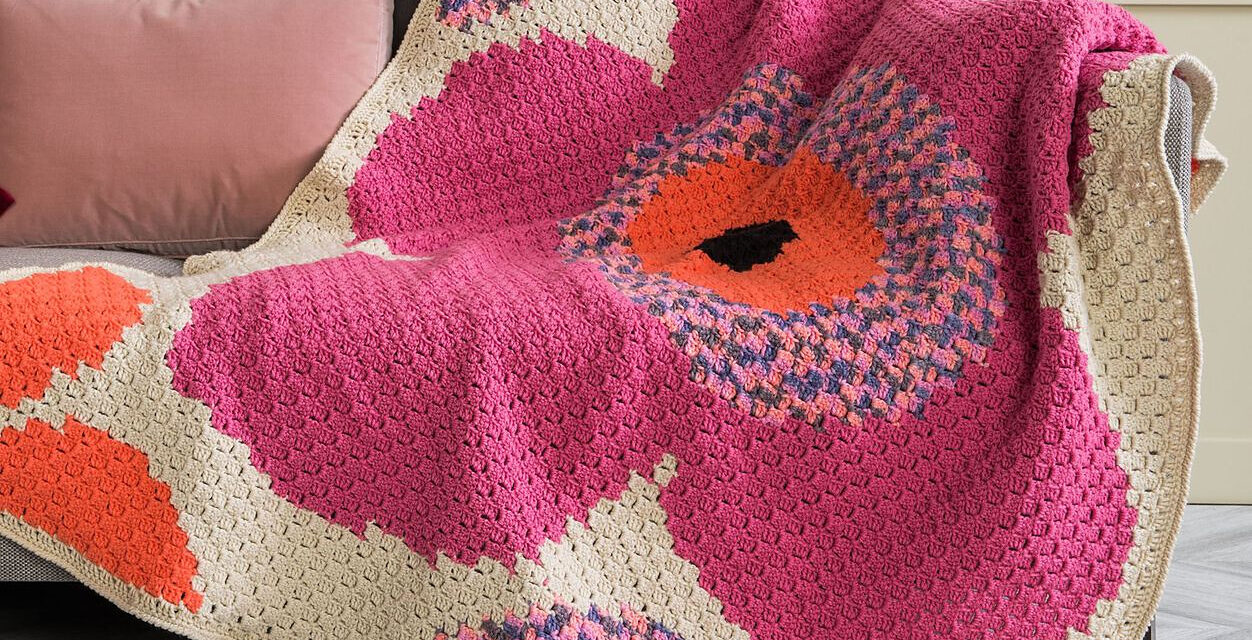 Gorgeous and the Pattern is FREE … Crochet a Stunning C2C Pop Art Flowers Afghan Or a Knit Dazzling Bloom-Inspired Pillow