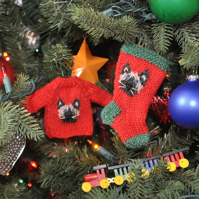 Christmas In July ... Knit Kitty-Cat Christmas Stocking & Sweater Ornaments