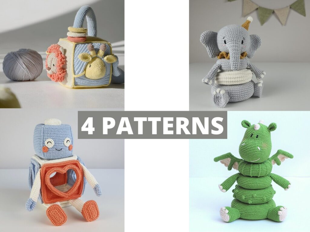 Four Fun Toy Patterns For Crocheters ... Stacking Toys, a Robot Shape Sorter and An Activity Cube ... Plus, Bonus Unicorn!