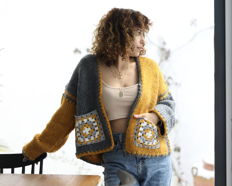 Twice as Nice: Two-Tone Knit & Crochet Granny Square Pocket Cardigan Pattern