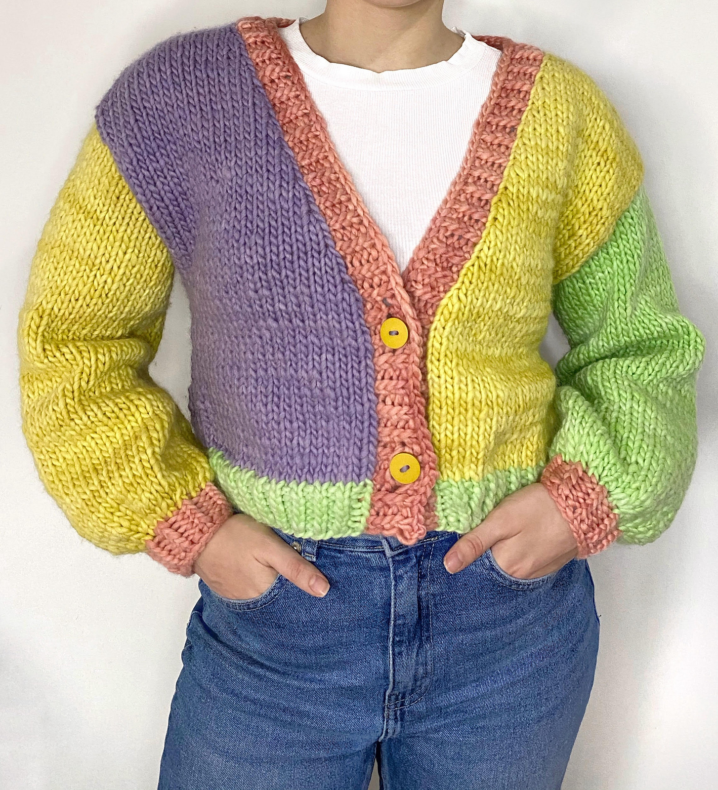 Knit a Miss Match Chunky Cardigan For Spring Or Have One Made!