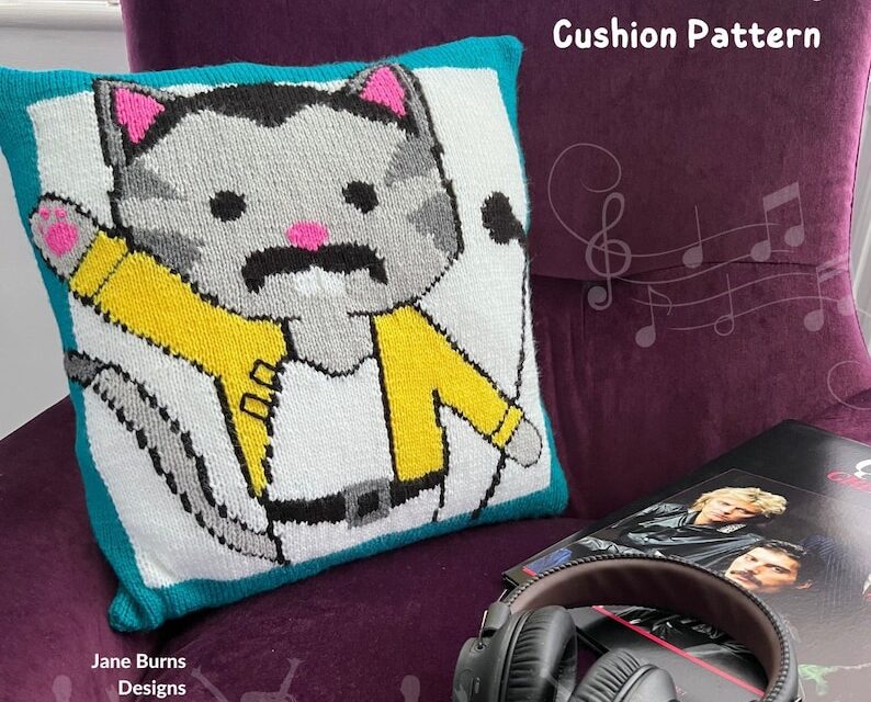 Knit a Freddie Purrcury Cat Cushion Designed By Jane Burns