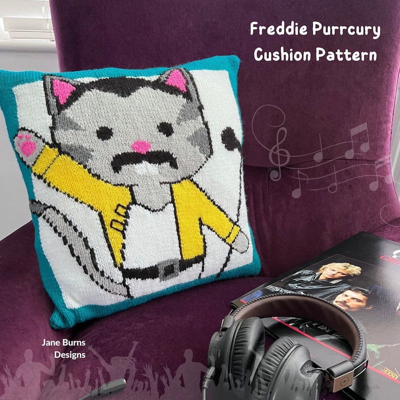 Knit a Freddie Purrcury Cat Cushion Designed By Jane Burns