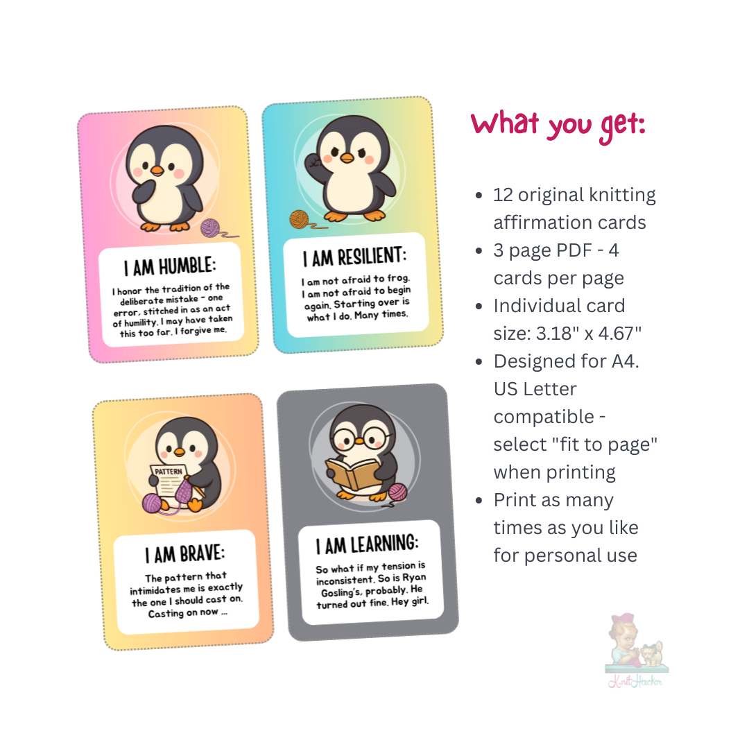 Printable Affirmation Cards For Knitters Who Love Penguins - Instant Digital Download