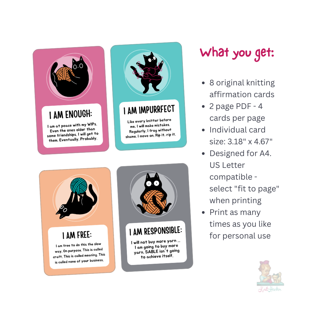 Printable Affirmation Cards For Knitters Who Love Cats - Instant Digital Download