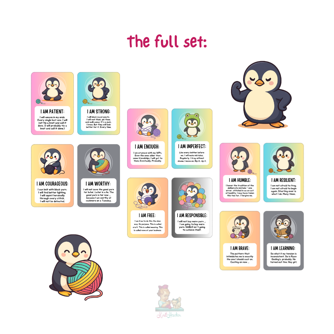 Printable Affirmation Cards For Knitters Who Love Penguins - Instant Digital Download